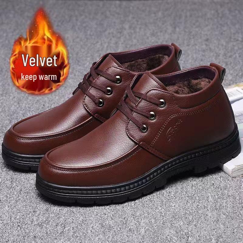 Men's Winter High-Top Cotton Boots: Warm Velvet-Lined Casual Shoes for Middle-Aged and Elderly.