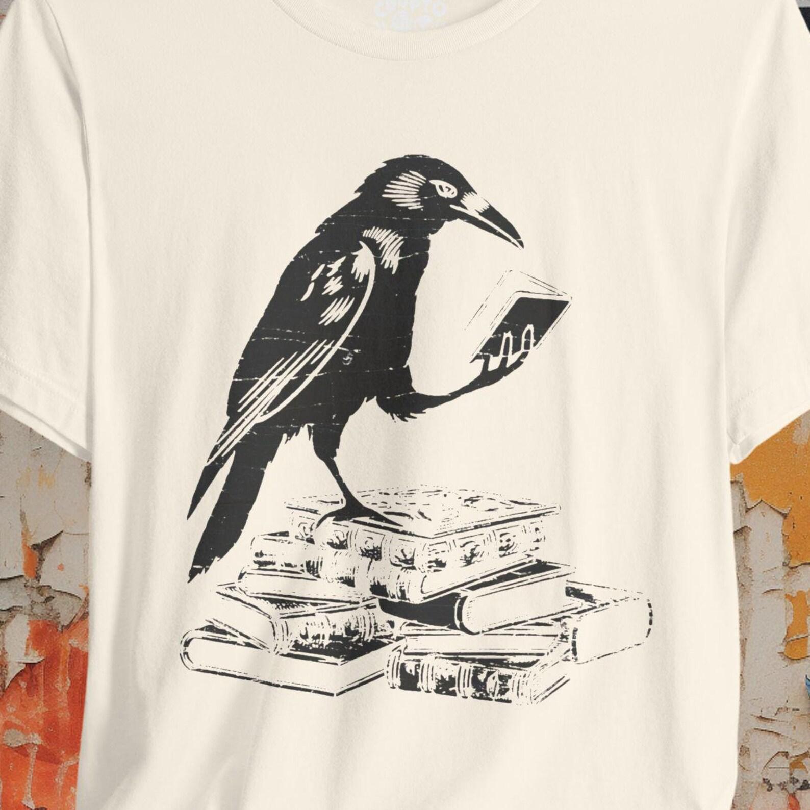 Raven T-shirt Book Lover Black Tee Crow Shirt Gothic Fashion Bibliophile Gift Birdwatching Tee Dark Academia Literature Shirt S