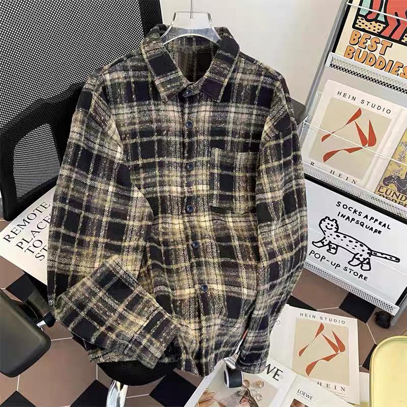 New retro woolen polished plaid shirt jacket women's lazy style loose casual versatile and thin lapel shirt
