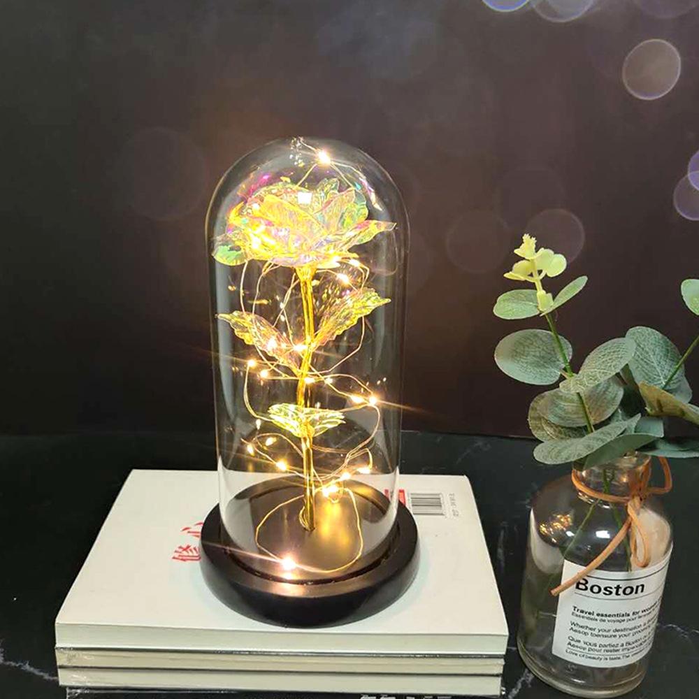 Fabrika Altın Yaprak Gül Çiçek Cam Kapak LED Lamba Simülasyon Çiçek Sevgililer Günü Hediyesi Yaratıcı Hediye Dekorasyon Süsleri