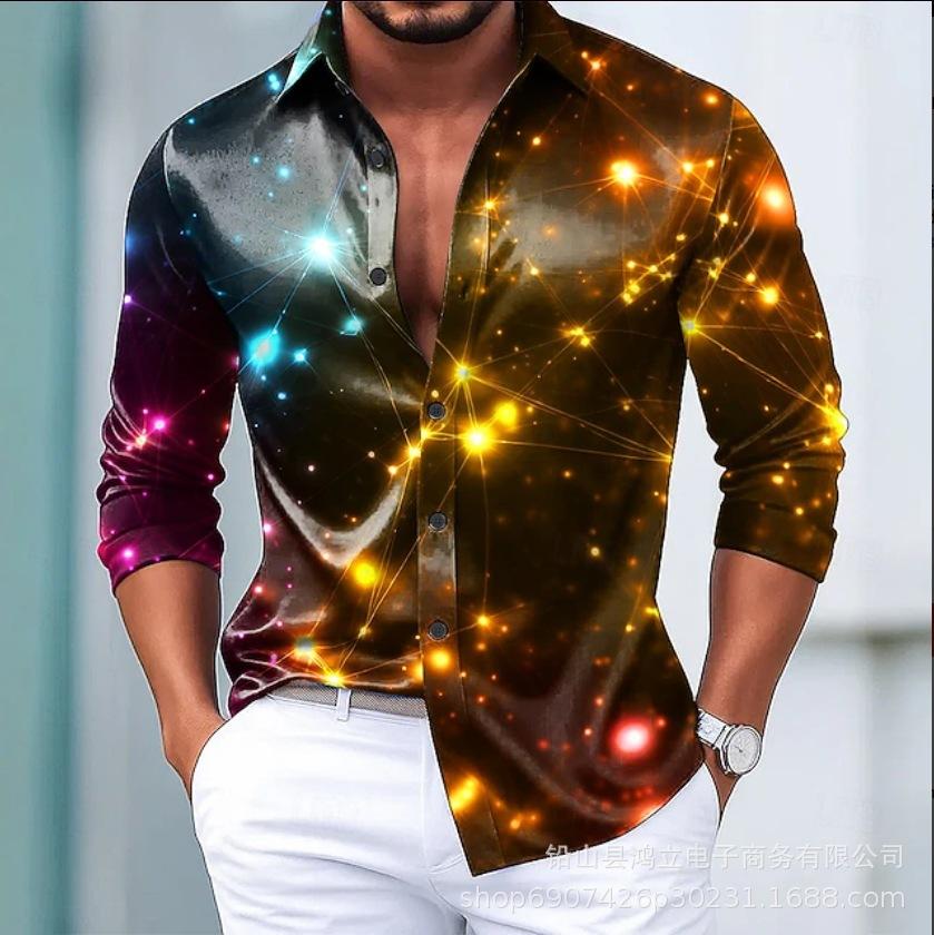 Galaxy Print Long Sleeve Shirt, Stylish Men's Button-Down Shirt for Trendy Casual Wear