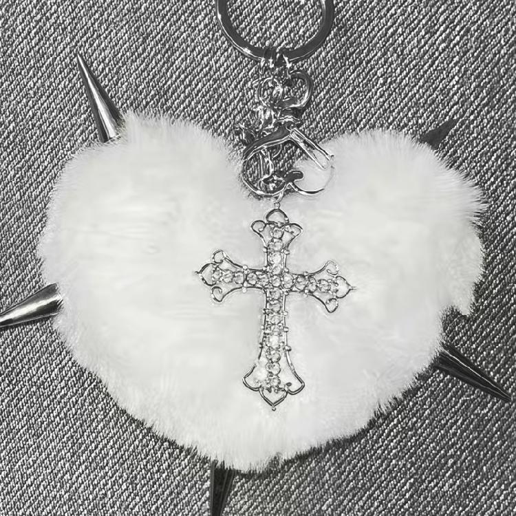 Alternative Culture Symbol Keychain Plush Heart Studs Crucifix Fashion Keyring Accessory for Music Event