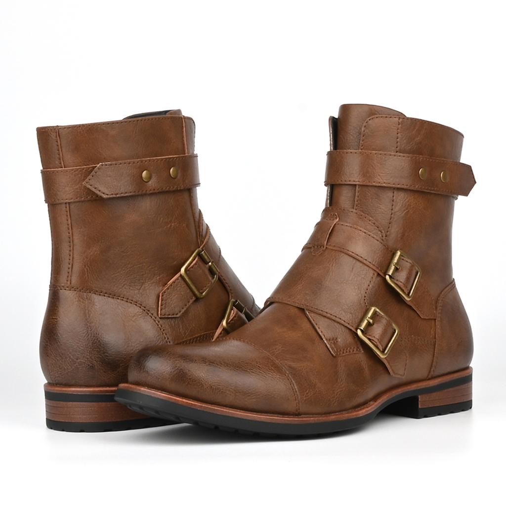 Autumn Winter New Designer Men Boots Fashion Casual Vintage Metal Buckle Side Zipper Low Heel Denim Cowboy Boots Shoes Man