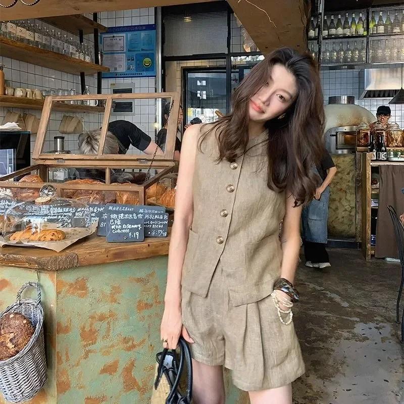 Женский летний двухпредметный комплект: безрукавка и шорты из льна, повседневный, свободный S хаки