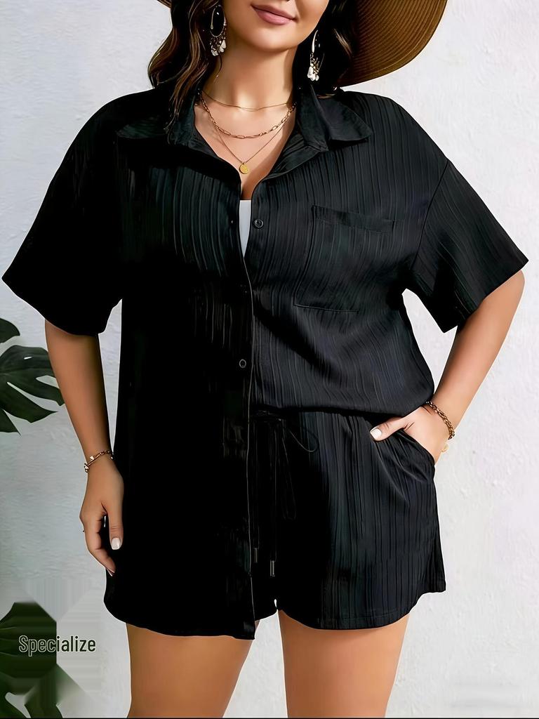 2026 European Plus Size Pleated Short-Sleeve Cardigan & Shorts Set - Women's Casual Vacation Suit
