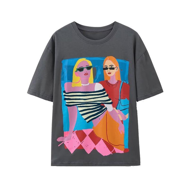 Kaslead New Arrival Women's Fashion Style Fashion Casual All-Matching Printed Washing Effect T-shirt 1131327