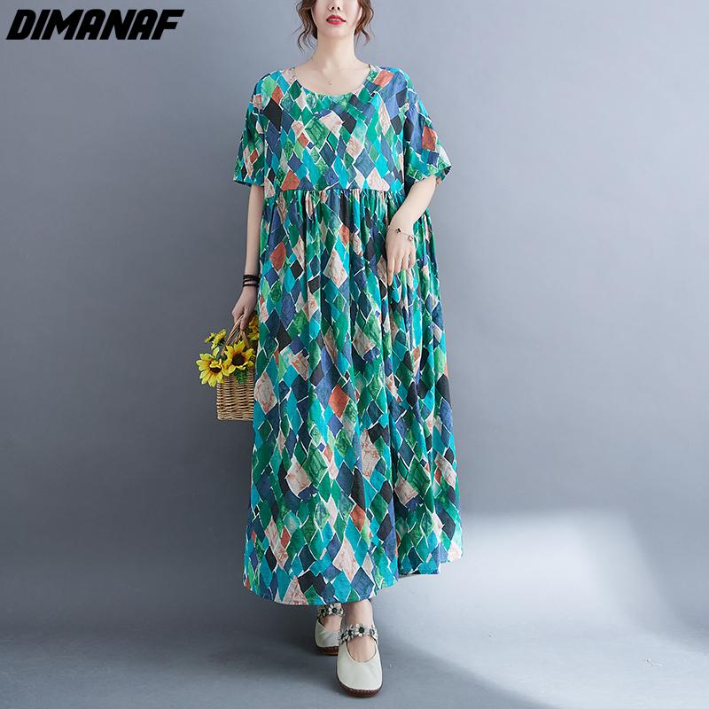 DIMANAF kobiety sukienka letnia Plus rozmiar plażowa sukienka lniana czeski nadruk kwiaty moda Lady Vestidos luźna długa sukienka na co dzień Oversize 9063