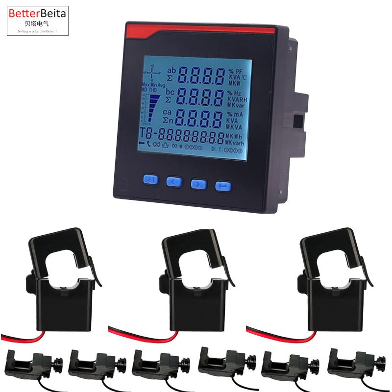 3 phase power meter ampere voltage kwh watt var power factor frequency LCD multifunction meter with ampere clamp sensor CT