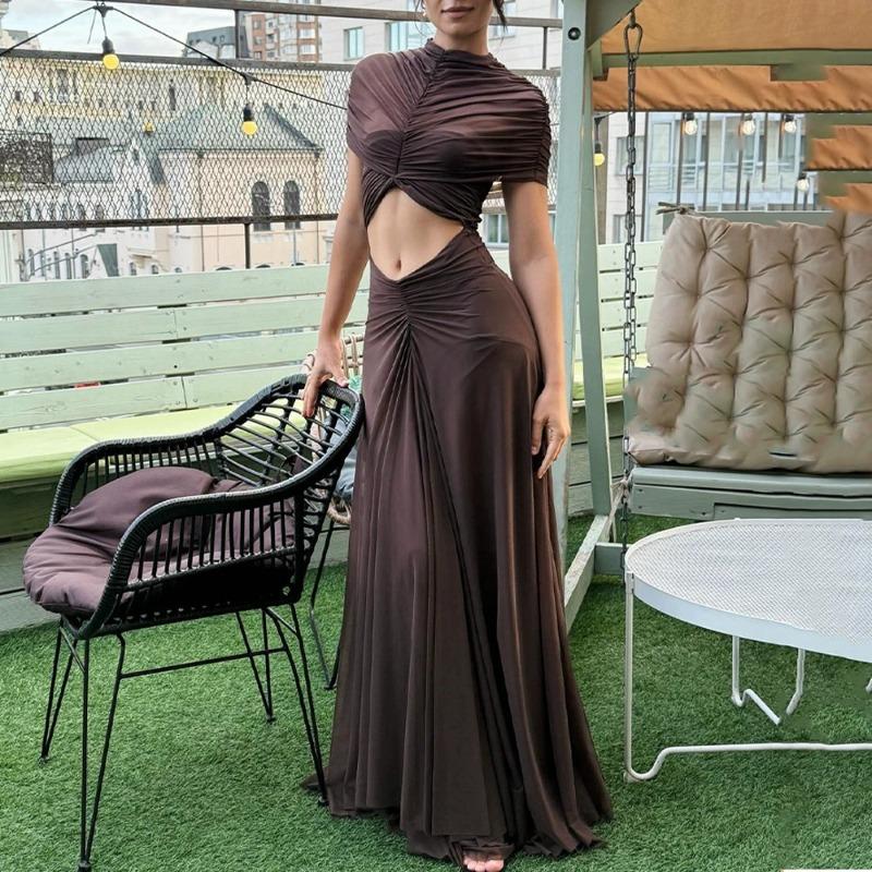 Women's Long Dress Temperament Elegant Round Neck Mesh Pleated Navel Dress