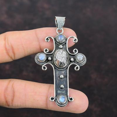 Silver Titanium Druzy Gemstone Pendant Designer Cross Pendant 925 Sterling Silver Pendant Handmade Rainbow Moonstone Pendant Gift For Mother
