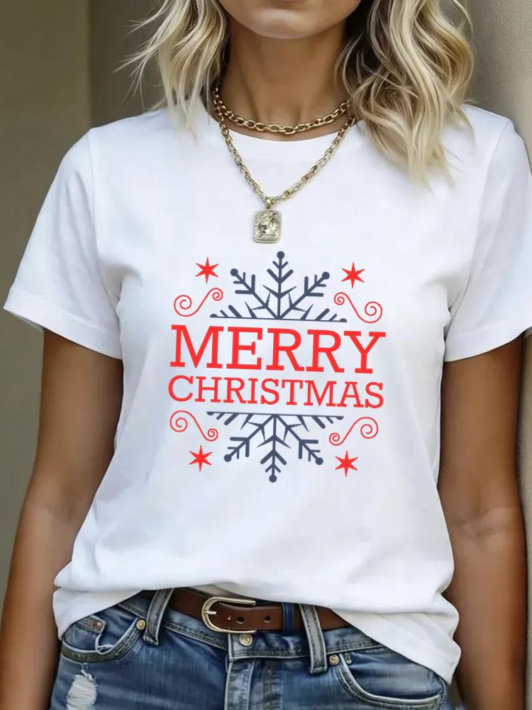 (Asian Size) Lovely Style Cute Merry Christmas Women's Top Short Sleeve T-shirts O-neck T Shirt Print Fashion Casual New Year Clothing Graphic Tee