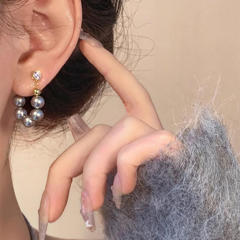 Delicate Gray Pearl Zircon Hoop Earrings for Women Vintage Elegant Crystal Beaded Earrings Bride Wedding Jewelry Gifts