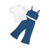 Girls' Fashionable Set Summer Children's Casual Puffed-sleeve Short-sleeved Vest and Denim Trousers Three-piece Set