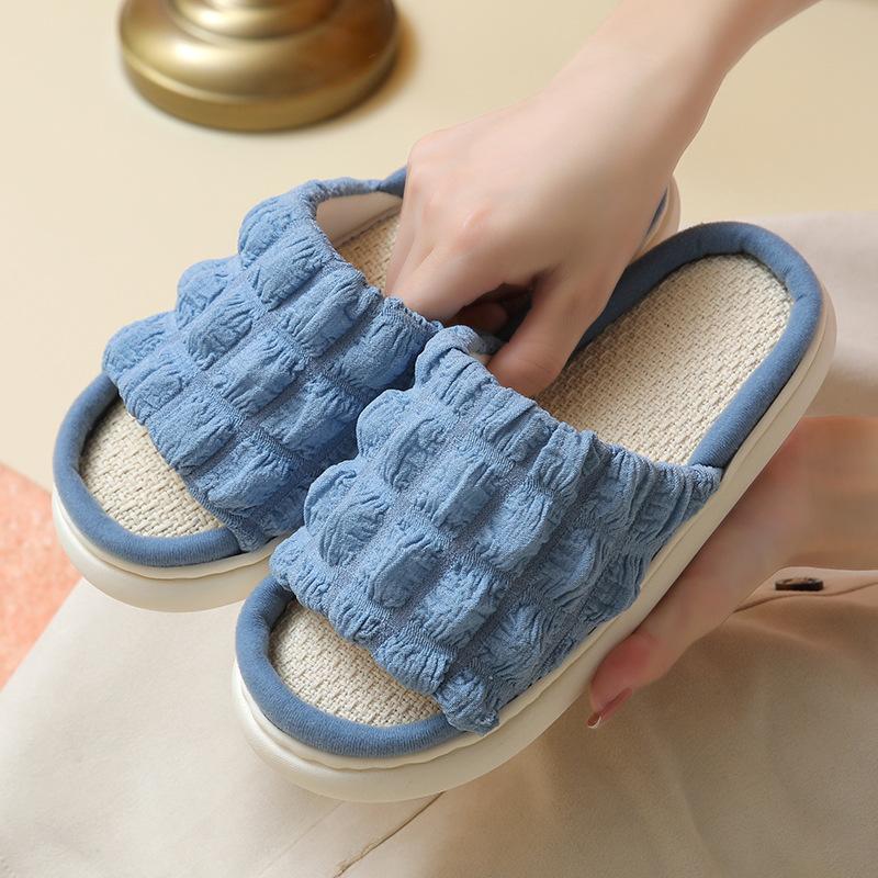 Puff linen slippers four seasons thick bottom home fabric sandals indoor couple cotton and linen slippers women