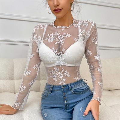 2025 Floral besticktes durchsichtiges Langarm-Dessous-Oberteil