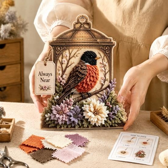 Dekorative Laterne Bastelset 3D Stoff-Poke-Art, DIY Vogel-Erinnerung Blumen-Set und Muster, Punch Needle Set für Erwachsene, Haus Tisch Kaminsims Dekoration