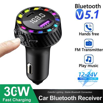 Bluetooth 5.3 FM Transmitter Car Charger with Dual USB & Type-C Fast Charging, MP3 Player, Hands-Free Calls, 12-24V Compatibility