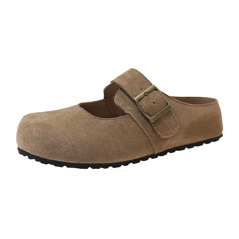 

Модные весенние новые шлепанцы Баотоу для женщин, модные с круглым носком и мелким вырезом, из замши, с металлической пряжкой, на мягкой подошве, нескользящие, на плоской подошве 40