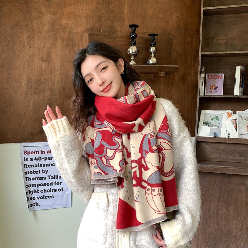 Winter Festive Red Imitation Cashmere Scarf for Women New Fashion Versatile Rui Rabbit Scarf Plus Velvet Warm Korean Style Shawl