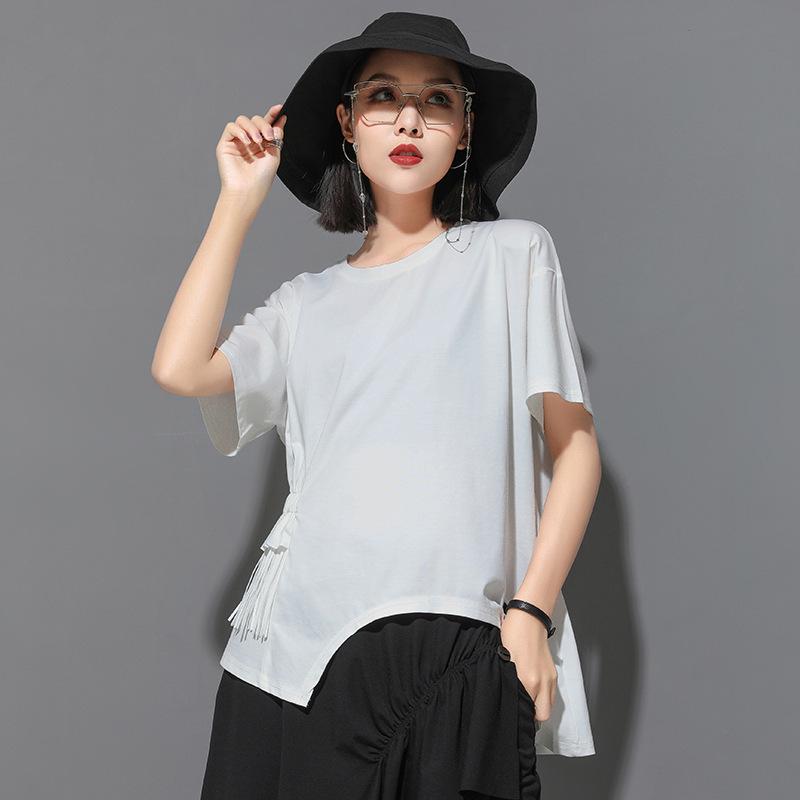 

Европейская и американская летняя женская футболка с кружевом и кисточками: Короткий рукав, Уличный стиль, Инс-стиль, Холодная склейка, Необычный дизайн. XL (135-155 jin) грязно-белый