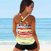 Women's Shoulder Strap Swimsuit Same Tone Stripes Print Bikini Tankini Swimsuit