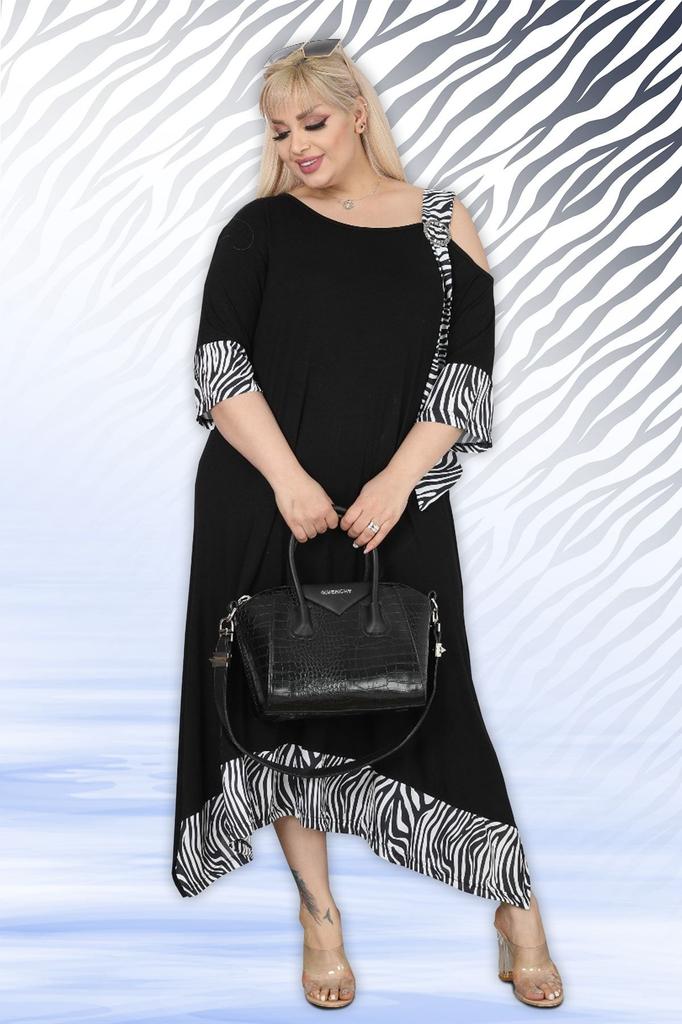 Damen Übergröße Kleid Plus Size Asymmetrischer Schnitt Viskose Lycra Kleid mit Zebramuster und Schulterdetail