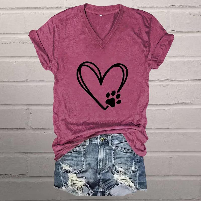 Love Cat Claw Painting Blouses Short Sleeved V-Neck T Shirts Casual