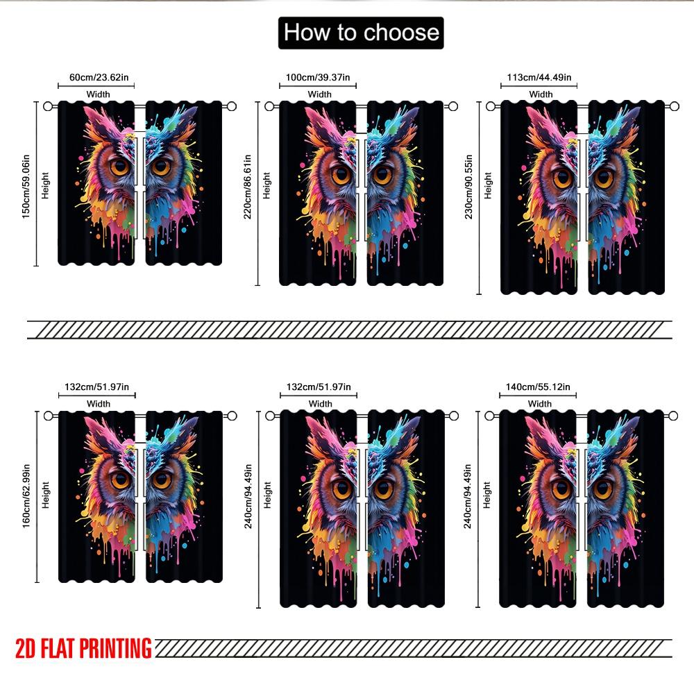 Set Of 2 Flat Printing Window Curtains Colorful Owl Paint Drip Digital Printed Polyester Drapes Family Party Decoration Made