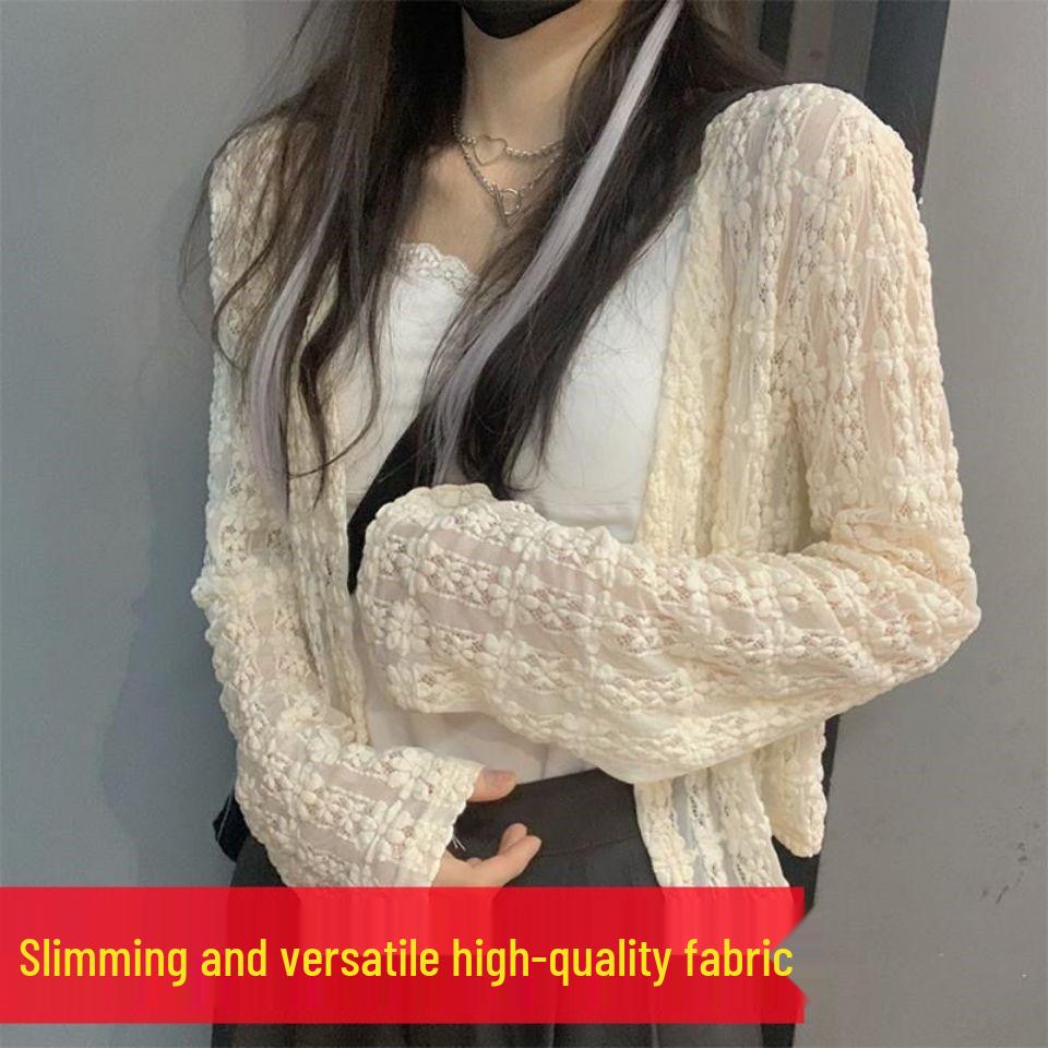 Dámský háčkovaný krajkový kardigan 2025: Lehký, Dlouhý rukáv, Ochrana proti slunci