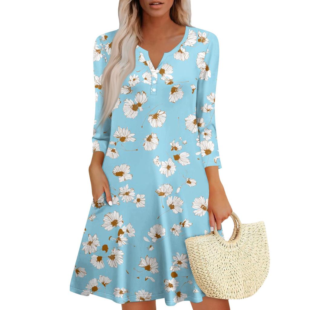 Women's Fashionable V-Neck Button Seven Part Cuff Pocket Floral Dress