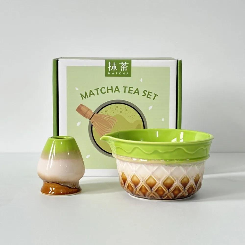 2/5/8PCS Ceramic Matcha Whisk Set Gradient Color Ice Cream Matcha Whisk Holder with Pouring Spout Reusable Japanese Tea Set