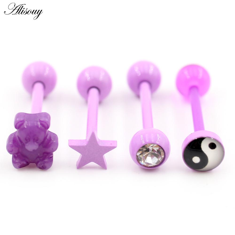 Alisouy 1PC Stainless Steel Ball Heart Star Acrylic Bear Mushroom Skull Tai Chi CZ Tongue Ring Ear Earring Piercing Body Jewelry