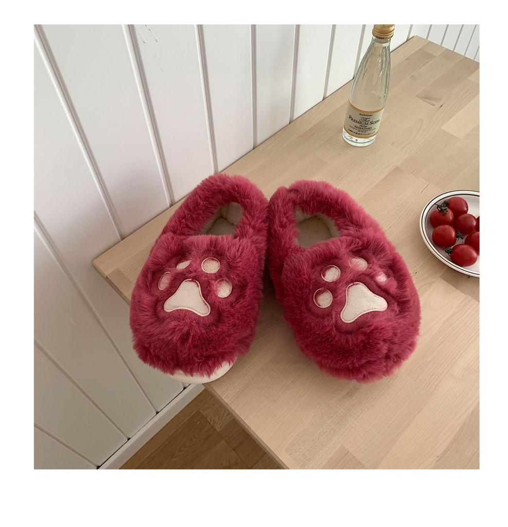 Women's Cute Korean Style Heart Plush Winter Slippers with Cat Paw Design and Soft Full Heel