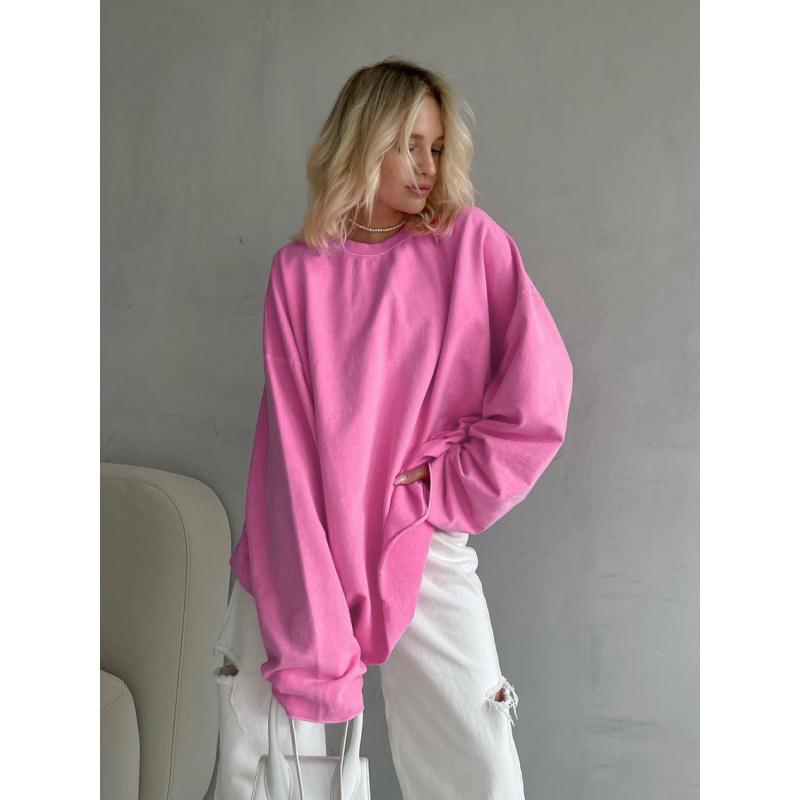 Frühling und Sommer Neues Rosa Langarm-T-Shirt Für Damen, Locker Und Vielseitig, Einfarbig Gestricktes Basis-T-Shirt, Lässig Und Modisch