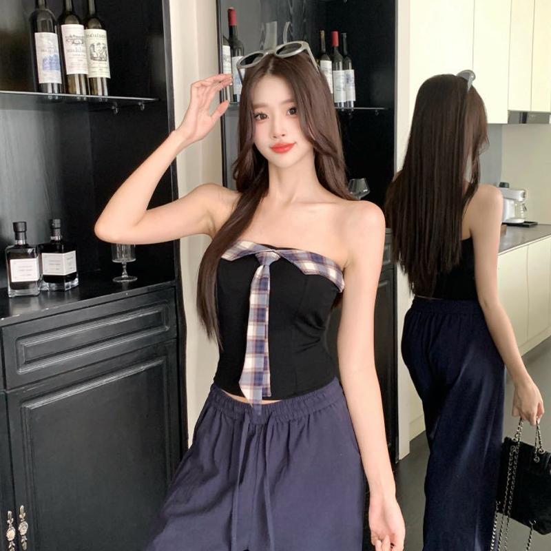 Women'S Retro Plaid Patchwork Tube Top Pure Desire Sexy Strapless Slim Vest With Chest Pad