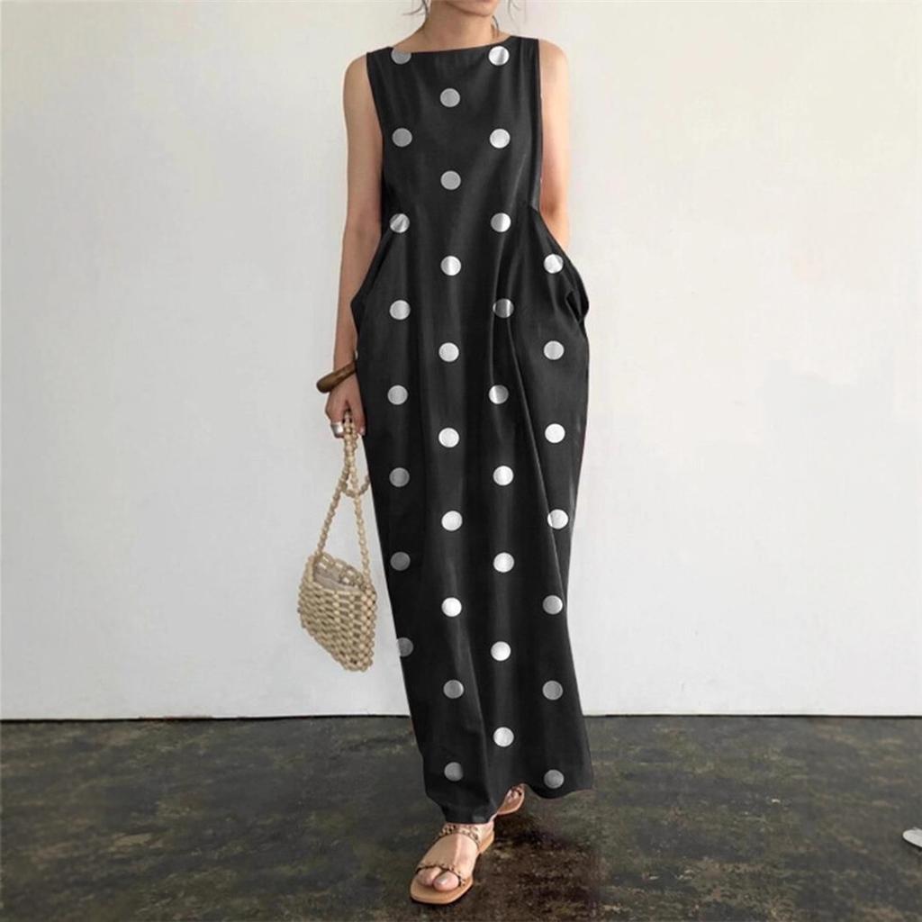 Shipped, European and American summer new women's clothing long dress polka dot printing pocket loose dress