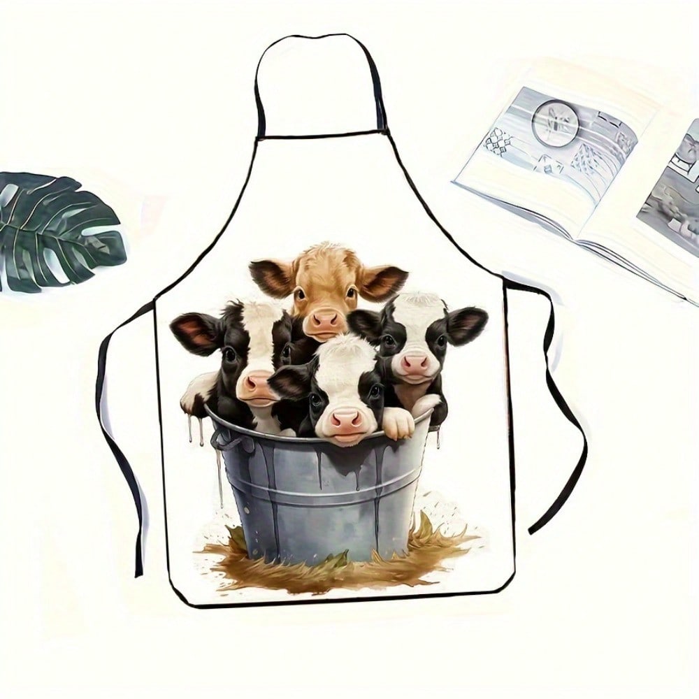Cute Cow Print Apron, Calf in Bucket Cartoon Farm Animal Kitchen Bib, Novelty Gift for Farmers, Black Cotton Kitchenwear 38X47cm(15X19in)