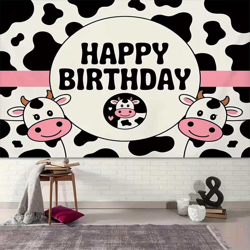 2D Flat Printing Cow Pattern Happy Birthday Backdrop for Girls Boys Birthday