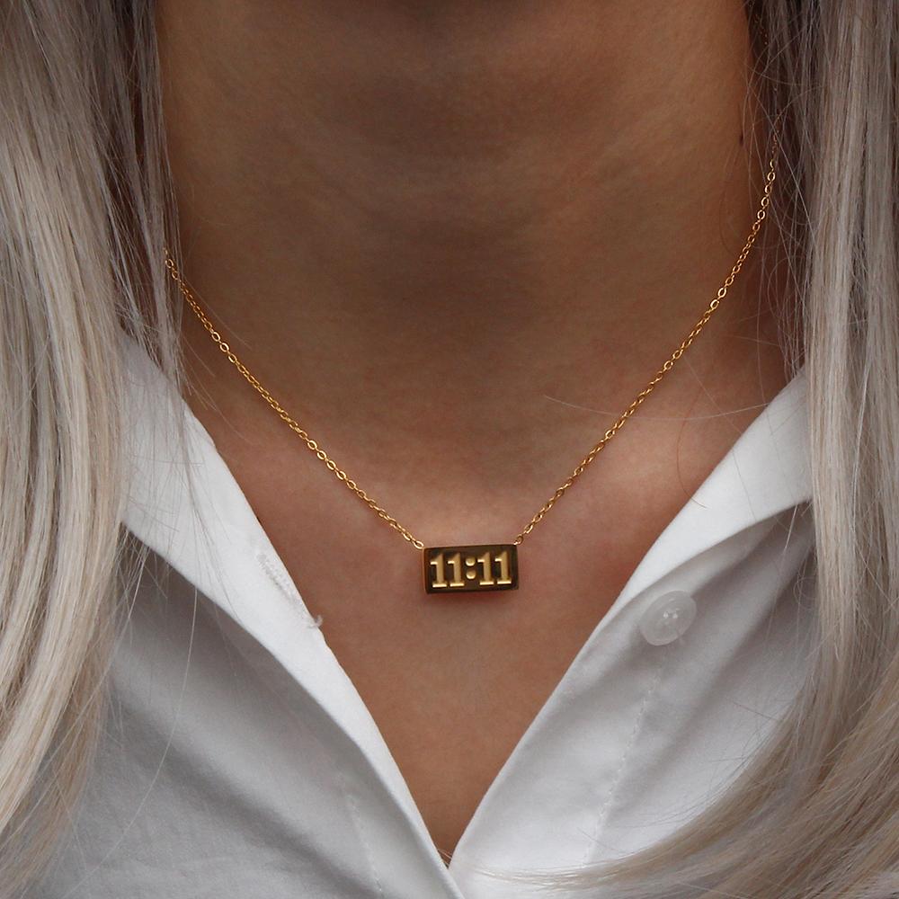 E.B.belle 11:11 Rectangle Pendant Plate Necklace Fine Polished Stainless Steel Gold Plated Necklace Number Jewelry