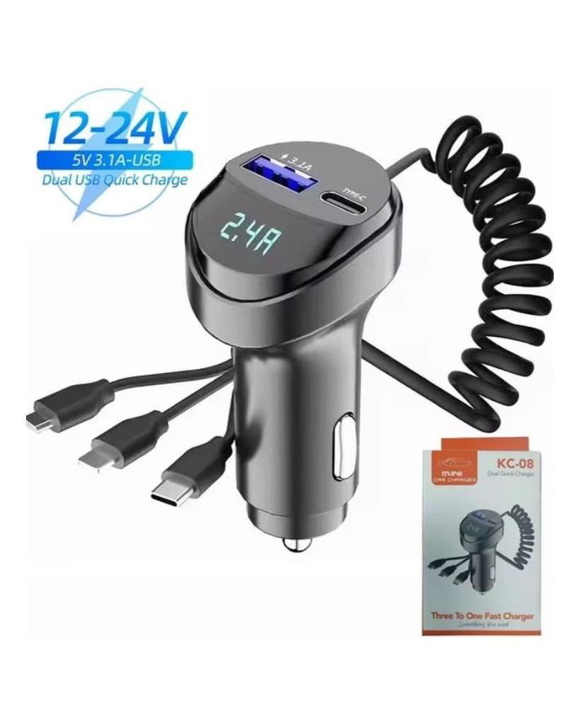 3in1 Car Bluetooth 5.0 FM Transmitter Audio MP3 Player 55W Fast Charging Car Charger with Retractable Cable Voltmeter 3.1A USB Type C Phone Charger