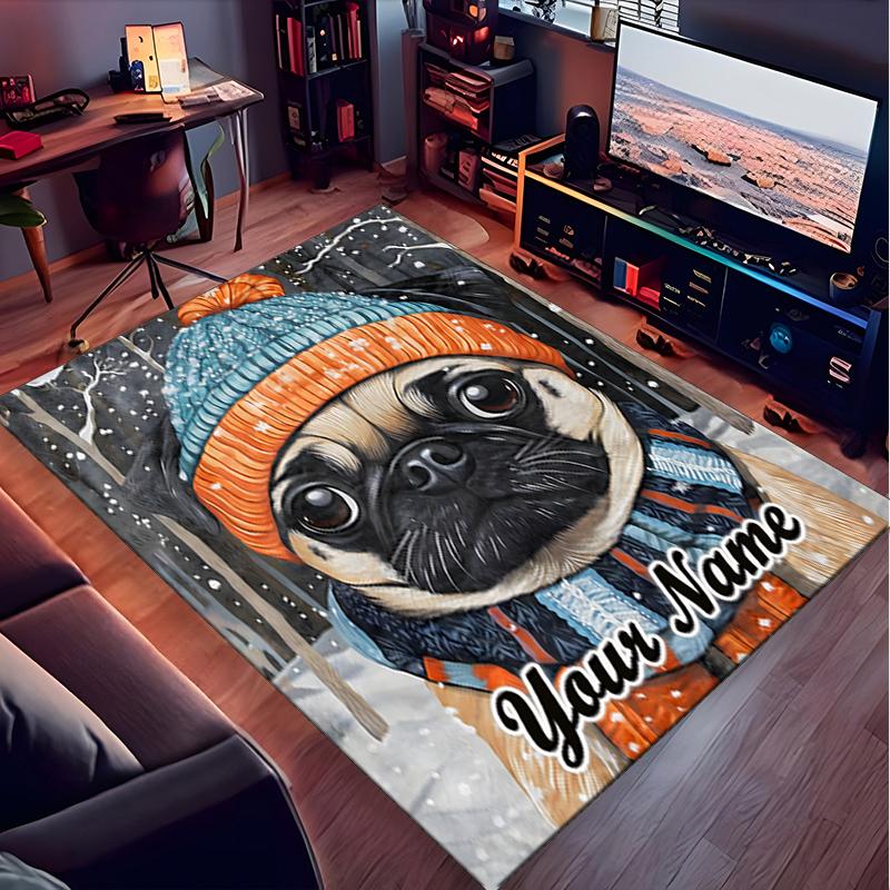 1PC Custom Name Winter Pug Portrait Theme Floor Mat Ideal for Living Room, Game Rooms, Office, Bedroom, Office Floor Mat , Floor Mats for Home