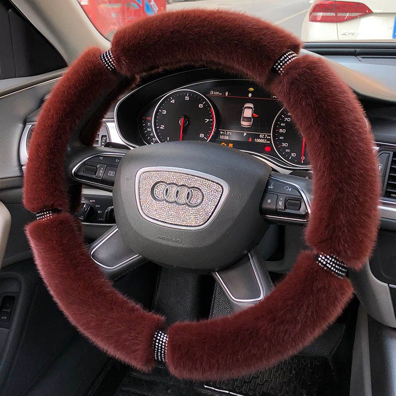 Car Steering Wheel Cover Winter Plush Female Korean Cute Universal Fashion Pink Gray Black Diamond-Studded Handlebar Cover