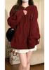 Women's Red Cable Knit Sweater - Simple, Loose, and Cozy for Christmas, New Year, Autumn, and Winter.