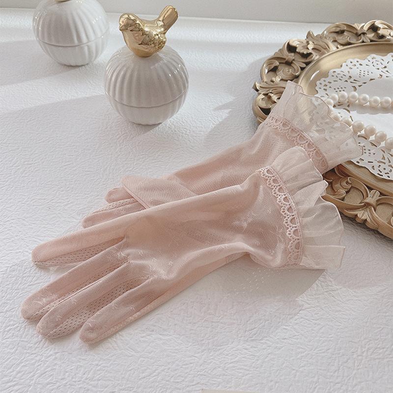 Sun Gloves Ladies Non Slip Ice Silk Summer Touch Screen Breathable Outdoor Cycling Driving Lace Thin and Simple.