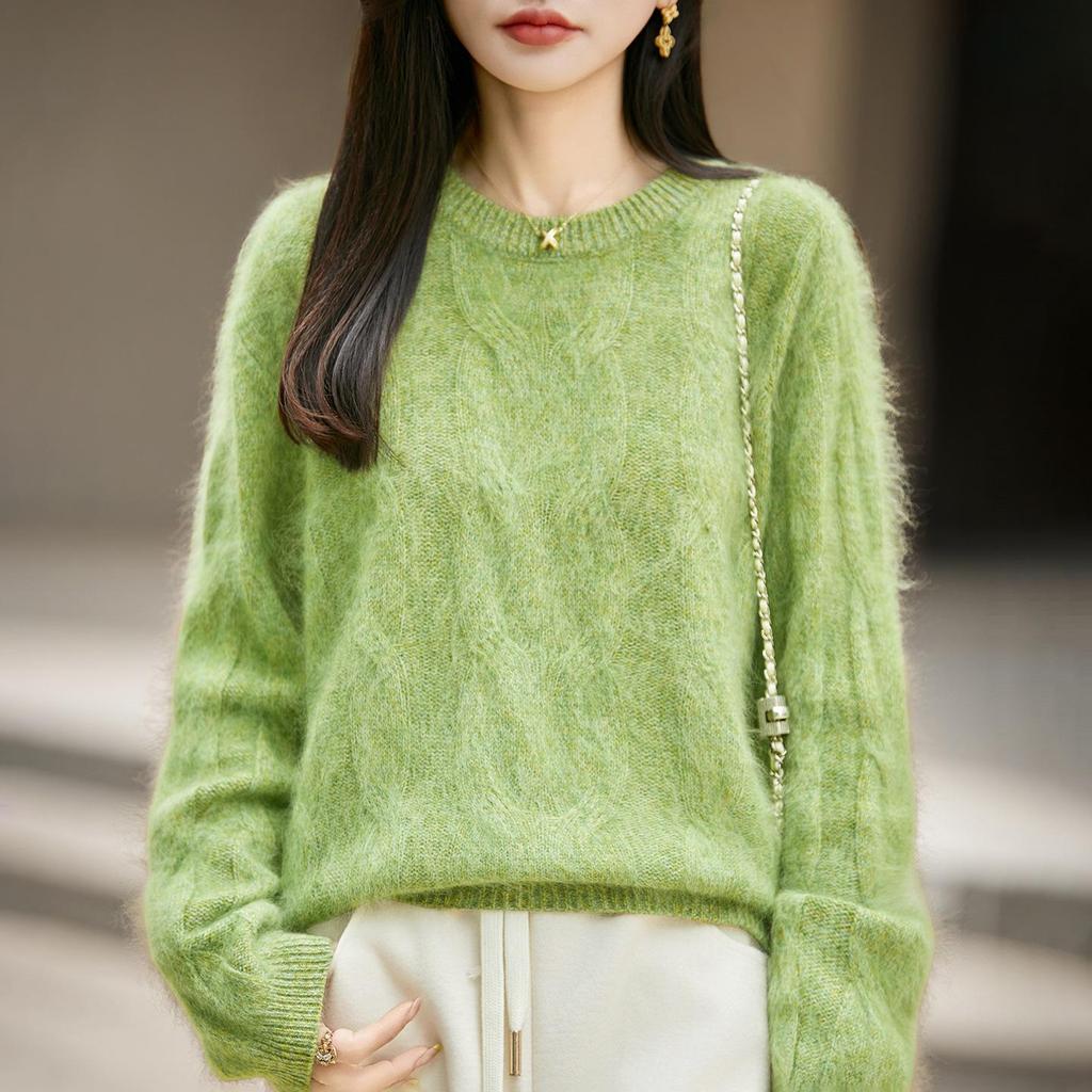 2026 Autumn/Winter Women's Marled Cashmere Wool Knit Sweater - Round Neck, Long Sleeve, Brushed Loose Fit