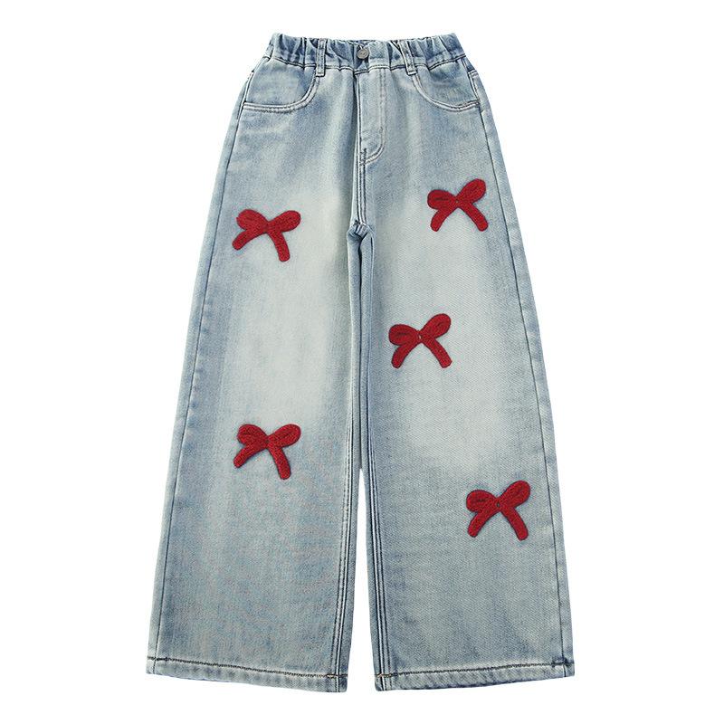 Girls School Straight Leg Pants With Bowknot Design Casual Loose Kids Fashion Long Jeans Children Korean Style Trousers