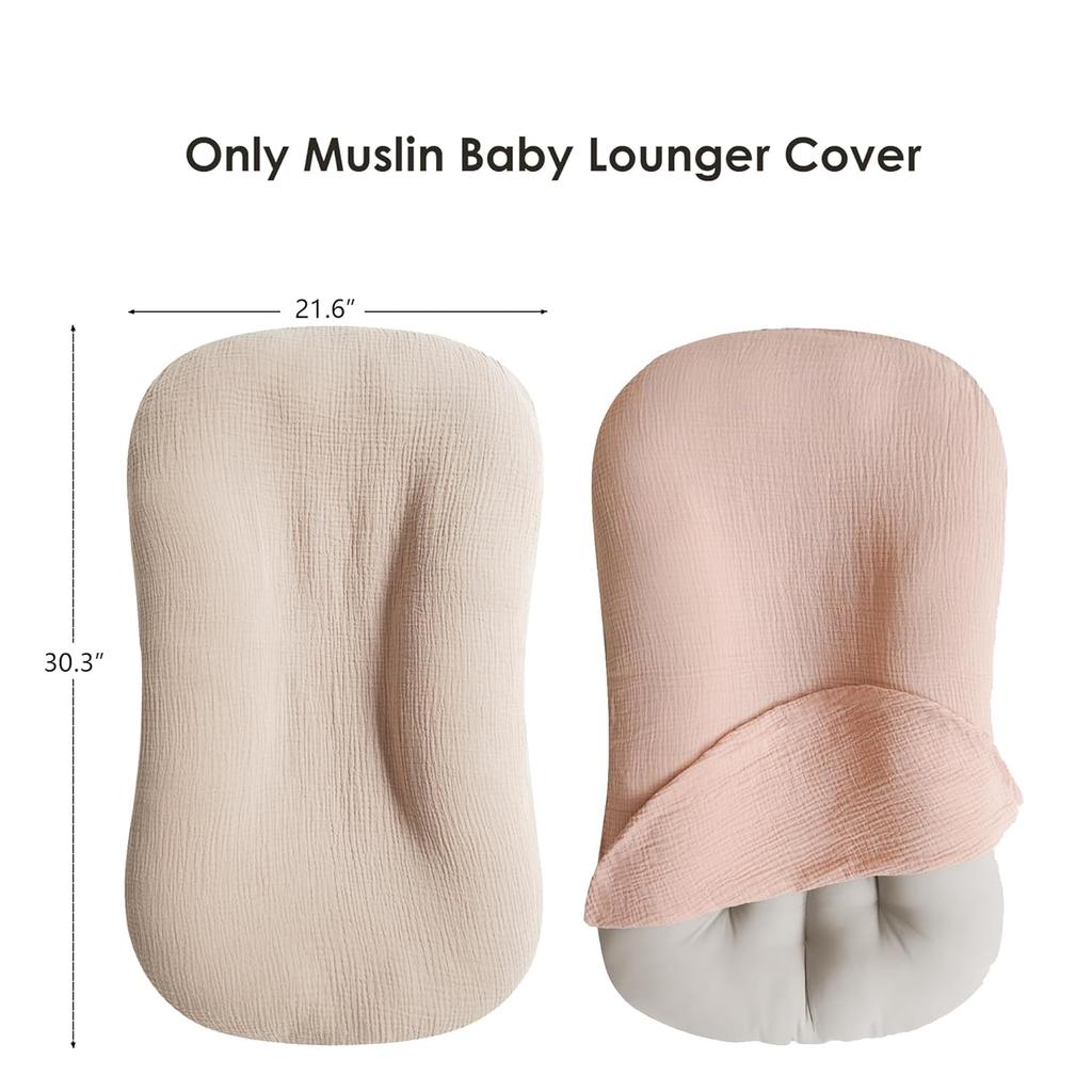 Muslin Baby Lounger Cover for Newborn & Infant, 100% Cotton Soft and Breathable Lounger Slipcover for Baby Girls and Boys, Pack of 2 (Pink, Ivory)