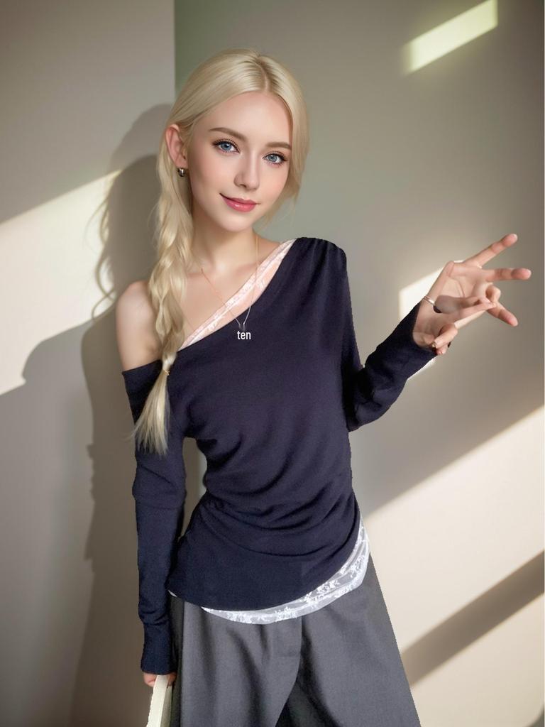 Off-Shoulder Spliced Lace Long-Sleeve Slim Top - 2024 New Pure & Sexy Autumn Style