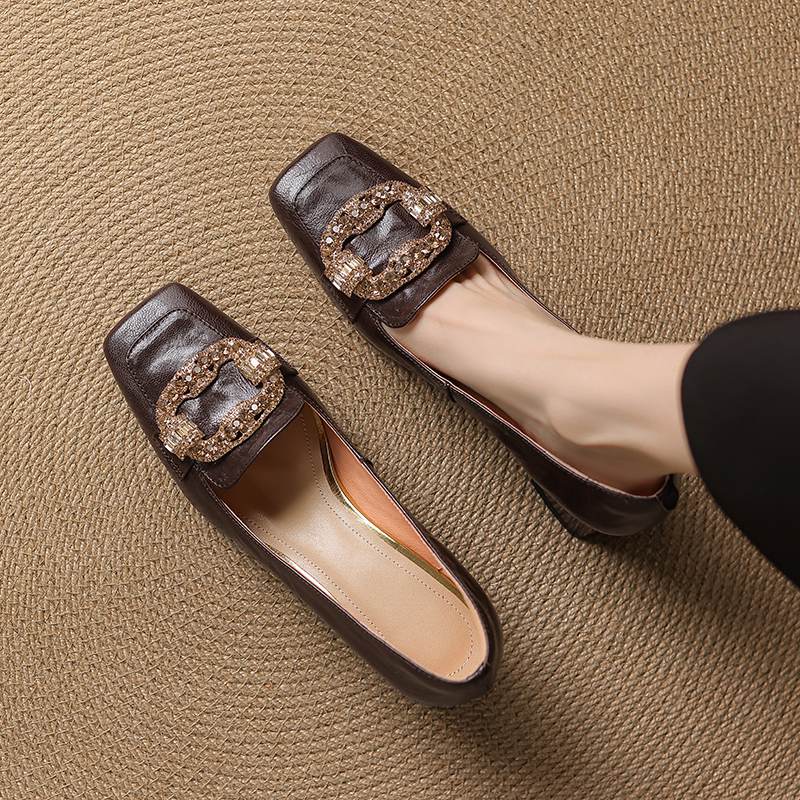 Krazing Pot Vintage Sheepskin Summer Autumn Thick High Heels Party Shoes Women Square Toe Crystal Buckle Wedding Pumps