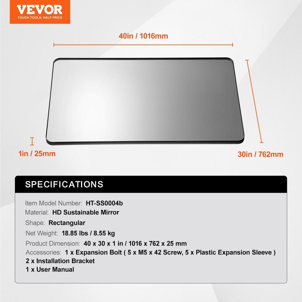 Wall Mounted Makeup Mirror, 0.15" Thick, 30" x 40" Mirror with Aluminium Alloy Frame & Explosion-Proof Film, Scratch-Resistant Mirror with Z-Shaped